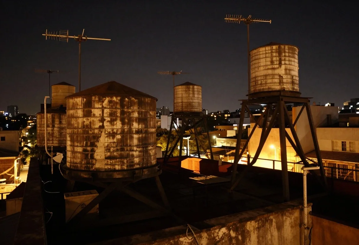 Antenas en azotea porteña bajo cielo nocturno