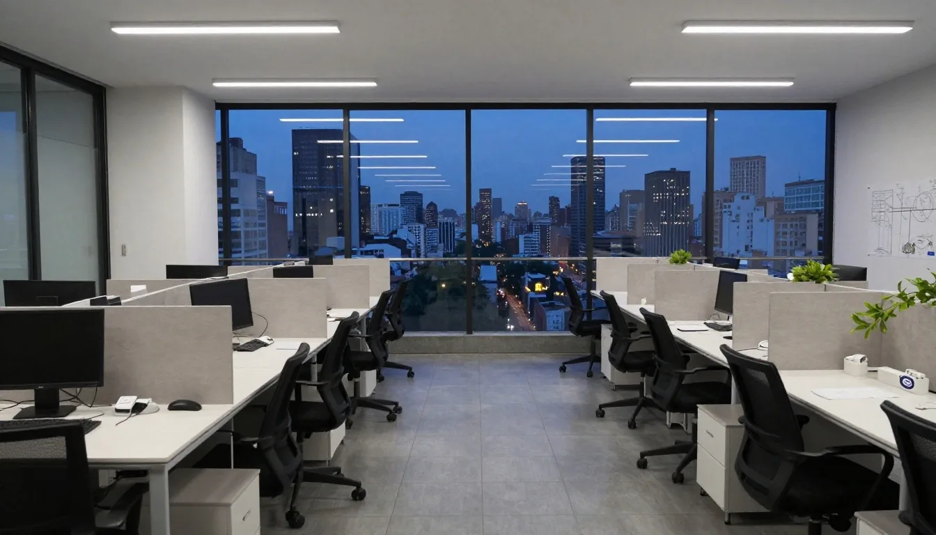 Azoteas de Buenos Aires al atardecer con oficinas iluminadas