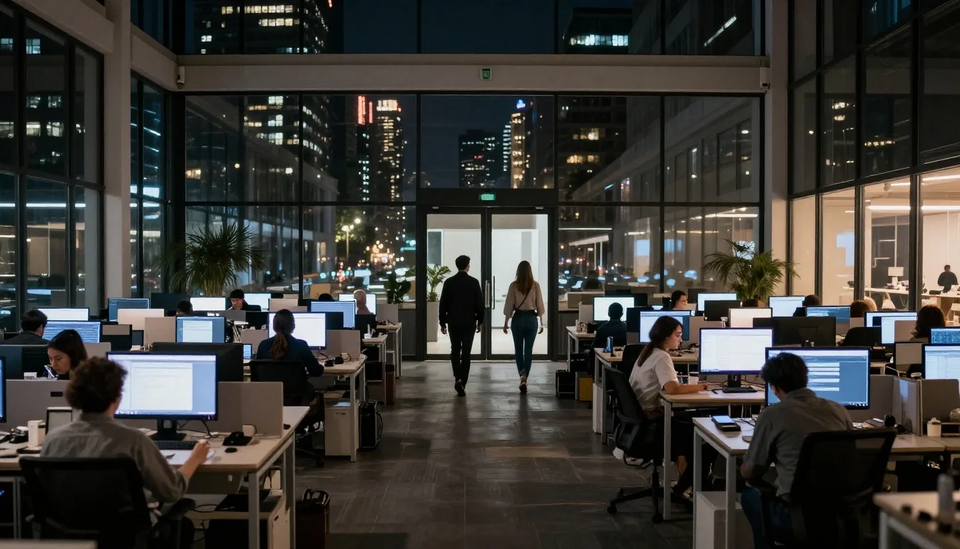 Equipo de software revisando corridas de prueba en oficina de noche