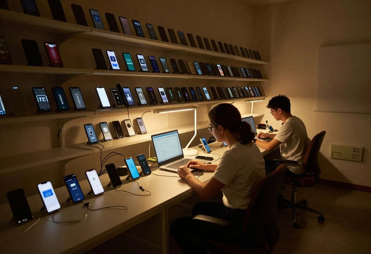 Manos pasando reportes impresos en mesa de trabajo nocturna