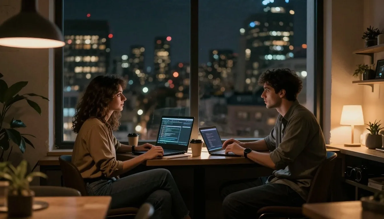 Equipo de pruebas de software trabajando en horario nocturno