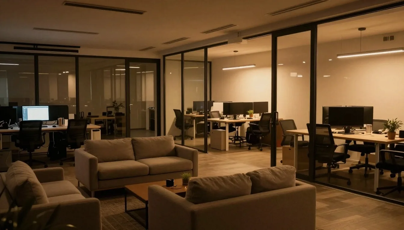 Mesa de trabajo de pruebas de software de noche