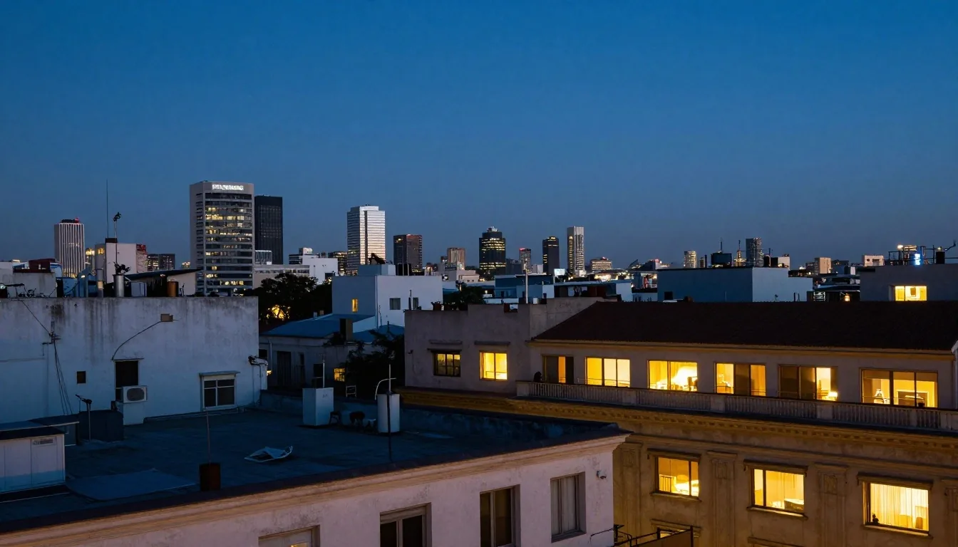 Techos de Buenos Aires al atardecer con luces de oficinas encendidas