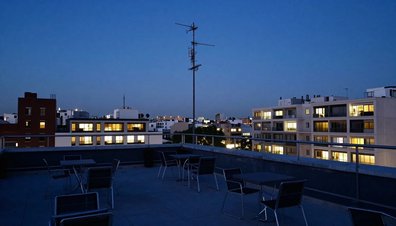 Azoteas de Buenos Aires al anochecer con luces de oficinas