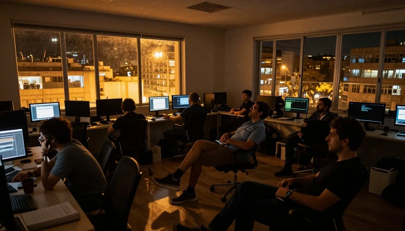 Equipo de software revisando una prueba de carga de noche