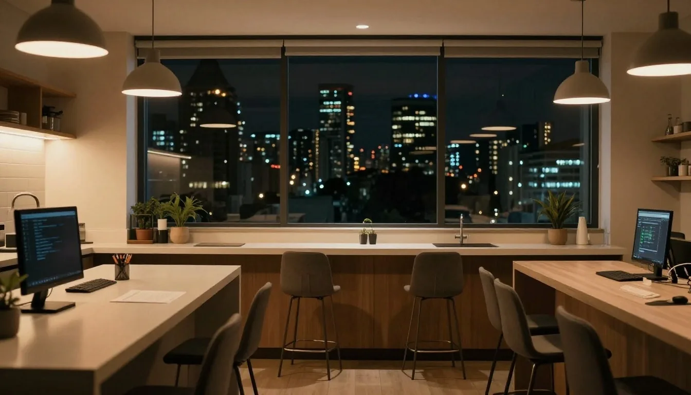 Mesa de trabajo nocturna con mate y lista de validaciones de facturación