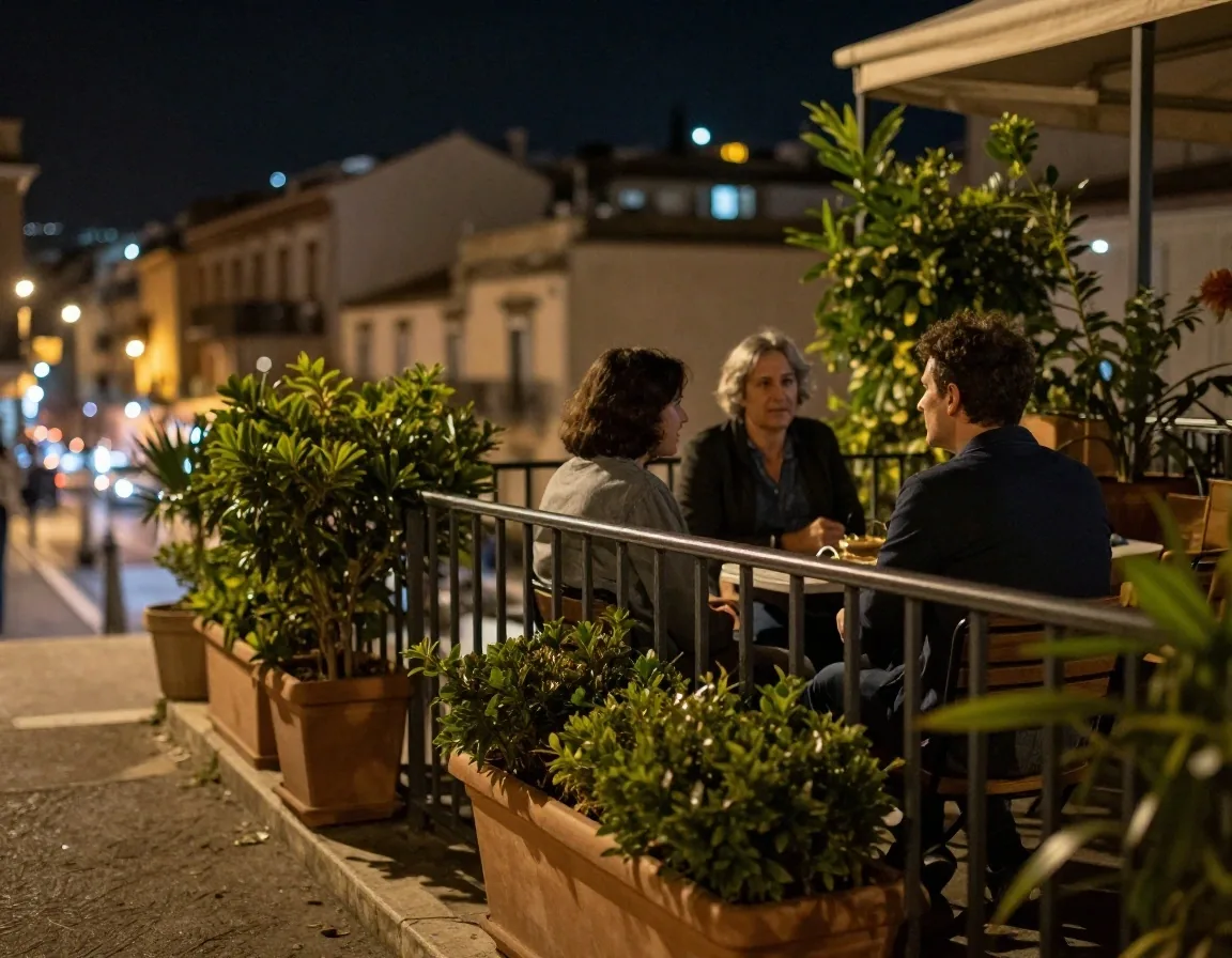 Terraza porteña de noche con luces suaves de la ciudad