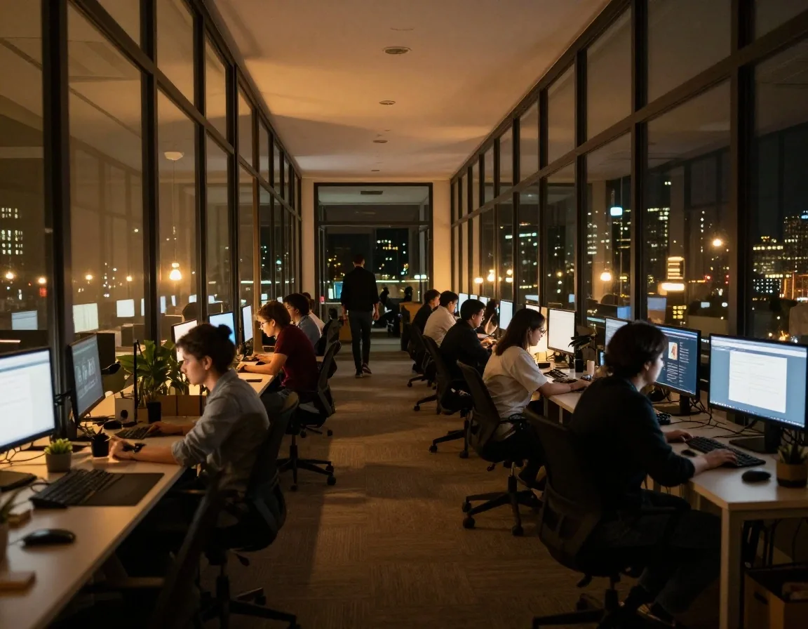 Equipo de testing revisando una aplicación en horario nocturno