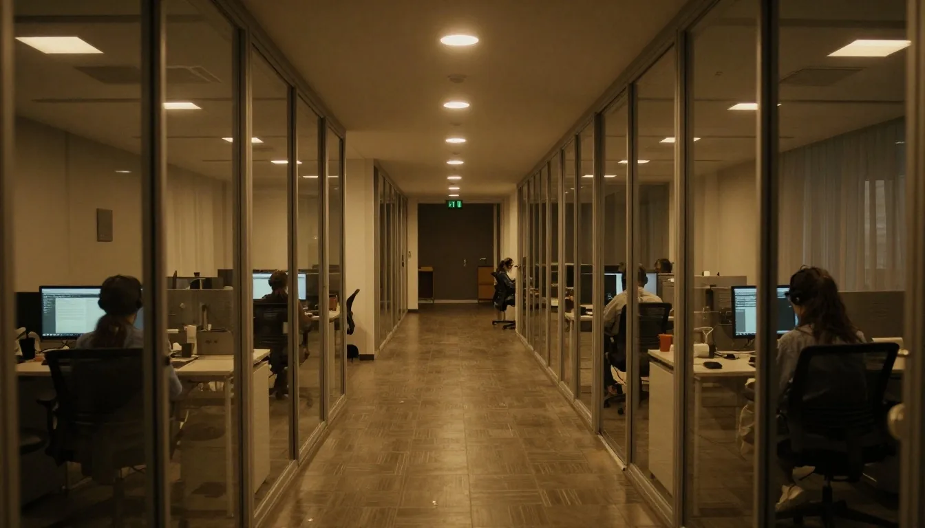 Oficina de software en horario nocturno con puestos de trabajo