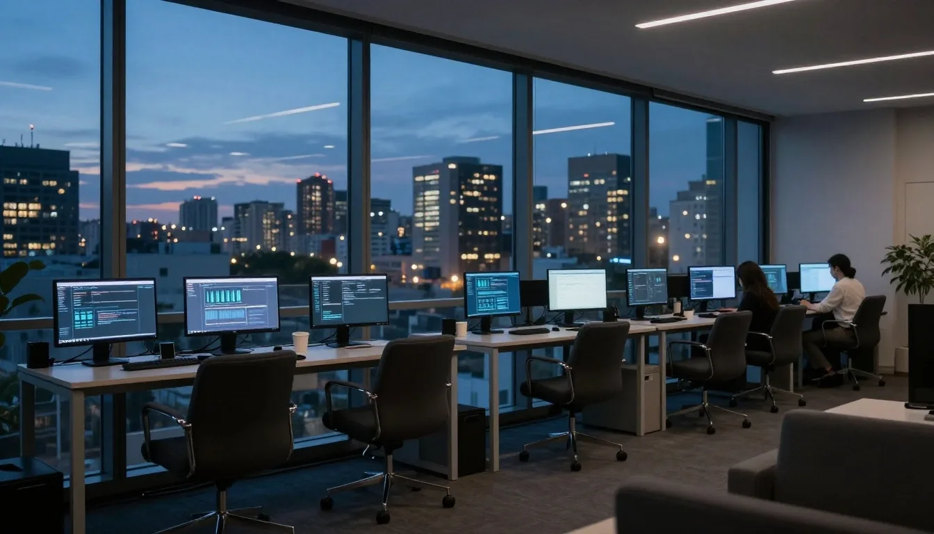 Piso de software a la hora azul con monitores encendidos